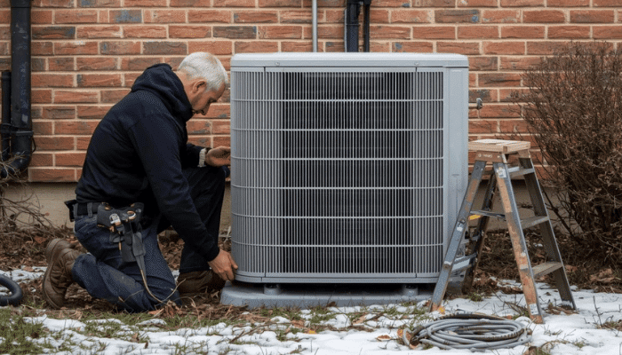HVAC technician inspecting a residential heat pump during winter in Raleigh